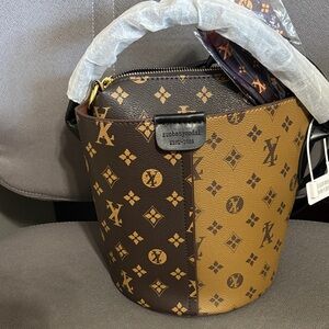 STATE Two-Tone Brown Monogram Bucket Bag